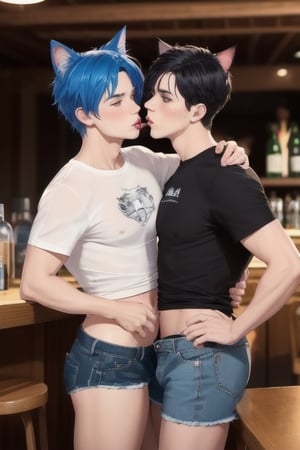 masterpiece, best quality, animal ears, blue eyes,colored sclera, black hair, cat ears, multicolored hair, freckles,1boys,  two-tone hair, blue hair, male focus, lips, short hair, black sclera, topless, gay_sex, full_body, uncensored, male_only, old style, looking at viewer, , shirt, navel, standing, white shirt, short sleeves, cowboy shot, midriff, short shorts, lips, denim, t-shirt, clothes writing, freckles,  realistic, tied shirt, daisy duke shorts, tight shirt, midnight, male prostitute, "slut" written on shirt, cowboy boots, dark night,  crowd, nighttime, wet_clothes, male_nipples see through shirt, in pub, butt_cheeks, fly down, drinking martini glass,  grobing ass,kissing
