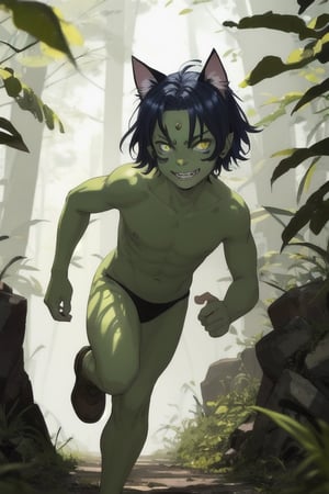 masterpiece, best quality, green skin, animal ears, blue eyes,colored sclera, black hair, cat ears, multicolored hair, freckles,1goblin,Age: 18 years,  two-tone hair, blue hair, male focus, lips, short hair, black sclera, small and agile goblin,  green skin, dotted with some darker spots, camouflaged in the forests, It has pointed ears, its eyes are large and yellow, The head of the goblin with dark, greasy hair that falls in messy strands over its forehead, teeth are sharp and pointed , sinister smile. small but agile hands and feet, completely naked, green skin,  Skin: green, running, running away down path, orczor chacing goblin, nude
