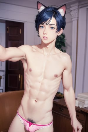 ((masterpiece)), best quality, animal ears, blue eyes,colored sclera, black hair, cat ears, multicolored hair, freckles,1boys,  two-tone hair, blue hair, male focus, lips, short hair, black sclera, topless, gay_sex, full_body, uncensored, male_only, cute twink boy standing in the oval office wearing pink panties, boy with small dick in the panties, small penis bulge, feminine body, feminine boy, submissive, taking selfie, body with small dick,  boy with wide hips, big ass, perfection model, perfect body, perfect cock, complex_background, detailed face, detailed hands,High detailed, realhands, kissing,holding_cellphone,nude,  (many onlookers), (white house), (oval office), biden, usa flags