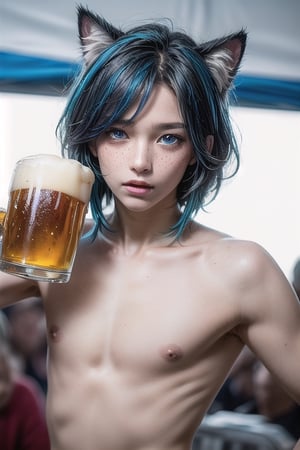 masterpiece, best quality, animal ears, blue eyes,colored sclera, black hair, cat ears, multicolored hair, freckles,1boys age 18,  two-tone hair, blue hair, male focus, lips, short hair, black sclera, gay_sex, full_body, uncensored, male_only, topless, ultra Realistic, oktoberfest ,beer tent,carrying many beer steins, armfull of large beer steins, wear sky blue and white checker panties 