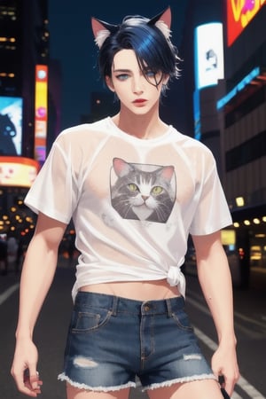 masterpiece, best quality, animal ears, blue eyes,colored sclera, black hair, cat ears, multicolored hair, freckles,1boys,  two-tone hair, blue hair, male focus, lips, short hair, black sclera, topless, gay_sex, full_body, uncensored, male_only, old style, looking at viewer, , shirt, navel, standing, white shirt, short sleeves, cowboy shot, midriff, short shorts, lips, denim, t-shirt, clothes writing, freckles,  realistic, tied shirt, street corner, daisy duke shorts, tight shirt, midnight, male prostitute, slut written on shirt, cowboy boots, dark night,  crowd, nighttime, wet_clothes, male_nipples see through shirt, time square , butt_cheeks, fly down, 
