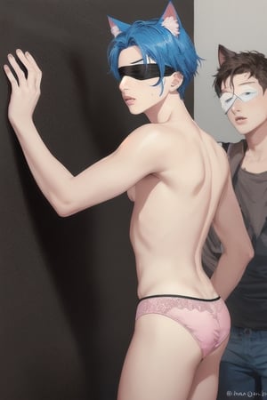 ((masterpiece)), best quality, animal ears, blue eyes,colored sclera, black hair, cat ears, multicolored hair, freckles,1boys,  two-tone hair, blue hair, male focus, lips, short hair, black sclera, topless, gay_sex, full_body, uncensored, male_only, cute twink boy standing in the gloryhole wearing pink panties and stockings, boy with small dick in the panties, small penis bulge, feminine body, feminine boy, submissive, taking selfie, body with small dick,  boy with wide hips, big ass, perfection model, perfect body, perfect cock, complex_background, detailed face, detailed hands,High detailed, realhands, holding_cellphone, 3men,surrounded by naked fat old men, kissing old man, black walls, glory wall, stuck, shiny, collarbone, shiny skin, upper body, solo, restrained, stationary restraints, lips, bare shoulders, 1boy, male breasts, blindfold, parted lips,through wall, black blindfold, short hair, sling,viewed_from_behind
