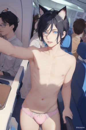 ((masterpiece)), best quality, animal ears, blue eyes,colored sclera, black hair, cat ears, multicolored hair, freckles,1boys,  two-tone hair, blue hair, male focus, lips, short hair, black sclera, topless, gay_sex, full_body, uncensored, male_only, cute twink boy standing in the airplane wearing pink panties and stockings, boy with small dick in the panties, small penis bulge, feminine body, feminine boy, submissive, taking selfie, body with small dick,  boy with wide hips, big ass, perfection model, perfect body, perfect cock, complex_background, detailed face, detailed hands,High detailed, realhands, standing in cocpit of plane