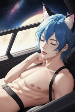 masterpiece, best quality, solo, animal ears, blue eyes,colored sclera, black hair, cat ears, multicolored hair, freckles,1boy,  two-tone hair, blue hair, male focus, lips, short hair, black sclera, full_body, uncensored, male_only,homoerotic,  science fiction, scenery,spaceship background, in crews quaters, furniture spaceship bed, laying in spaceship bed, topless, thong , eyes closed