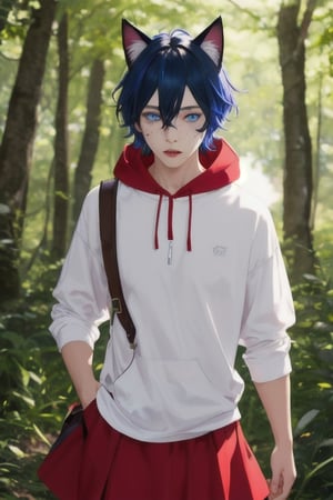 masterpiece, best quality, animal ears, blue eyes,colored sclera, black hair, cat ears, multicolored hair, freckles,1boys,  two-tone hair, blue hair, male focus, lips, short hair, black sclera, gay_sex, full_body, uncensored, male_only, dressed like little red ridding hood, skipping down foresst path, in forest, short red skirt.