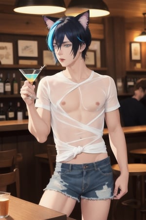 masterpiece, best quality, animal ears, blue eyes,colored sclera, black hair, cat ears, multicolored hair, freckles,1boys,  two-tone hair, blue hair, male focus, lips, short hair, black sclera, topless, gay_sex, full_body, uncensored, male_only, old style, looking at viewer, , shirt, navel, standing, white shirt, short sleeves, cowboy shot, midriff, short shorts, lips, denim, t-shirt, clothes writing, freckles,  realistic, tied shirt, daisy duke shorts, tight shirt, midnight, male prostitute, "slut" written on shirt, cowboy boots, dark night,  crowd, nighttime, wet_clothes, male_nipples see through shirt, in pub, butt_cheeks, fly down, drinking martini glass
