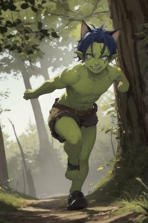 masterpiece, best quality, green skin, animal ears, blue eyes,colored sclera, black hair, cat ears, multicolored hair, freckles,1goblin,Age: 18 years,  two-tone hair, blue hair, male focus, lips, short hair, black sclera, small and agile goblin,  green skin, dotted with some darker spots, camouflaged in the forests, It has pointed ears, its eyes are large and yellow, The head of the goblin with dark, greasy hair that falls in messy strands over its forehead, teeth are sharp and pointed , sinister smile. small but agile hands and feet, completely naked, green skin,  Skin: green, running, running away down path,  orczor chacing goblin,