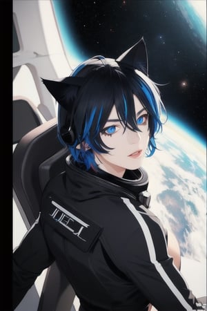 masterpiece, best quality, solo, animal ears, blue eyes,colored sclera, black hair, cat ears, multicolored hair, freckles,1boy,  two-tone hair, blue hair, male focus, lips, short hair, black sclera, full_body, uncensored, male_only, wearing vivid dark black and white space suit, helmet, tined face shield,Rear Angle, outer_space, spack walk , outside alien spaceship