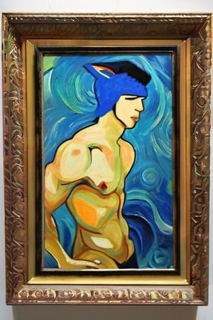 masterpiece, animal ears, blue eyes,colored sclera, black hair, cat ears, multicolored hair, freckles,2boy,  two-tone hair, blue hair, male focus, lips, short hair, black sclera, topless, gay_sex, full_body, uncensored, male_only, Oil Painting, painting in gold frame, nude,(in van gogh painting style),  Post-Impressionism, bold colors and expressive,textured brushwork,expressive lines,wavey directions, penis,classical art poses,nude