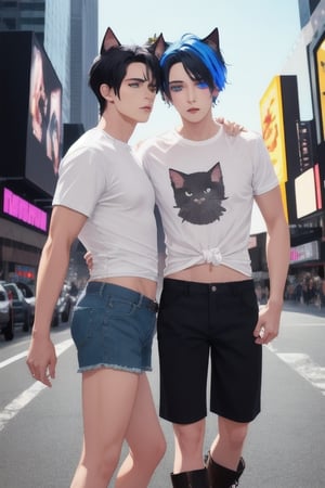 masterpiece, best quality, animal ears, blue eyes,colored sclera, black hair, cat ears, multicolored hair, freckles,1boys,  two-tone hair, blue hair, male focus, lips, short hair, black sclera, topless, gay_sex, full_body, uncensored, male_only, old style, looking at viewer, , shirt, navel, standing, white shirt, short sleeves, cowboy shot, midriff, short shorts, lips, denim, t-shirt, clothes writing, freckles,  realistic, tied shirt, street corner, daisy duke shorts, tight shirt, midnight, male prostitute, slut written on shirt, cowboy boots, dark night,  crowd, nighttime, wet_clothes, male_nipples see through shirt, time square , butt_cheeks, fly open
