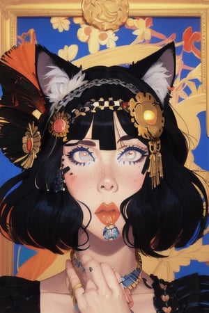 masterpiece,  solo, animal ears, blue eyes,colored sclera, black hair, cat ears, multicolored hair, freckles,2boy,  two-tone hair, blue hair, male focus, lips, short hair, black sclera, topless, gay_sex, full_body, uncensored, male_only, Oil Painting, painting in gold frame, nude,(margaret keane style painting), big eyes art, huge eyes,(big eyes art style), gigantic eyes, oversized eyes,