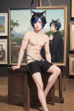 masterpiece, best quality, solo, animal ears, blue eyes,colored sclera, black hair, cat ears, multicolored hair, freckles,1boy,  two-tone hair, blue hair, male focus, lips, short hair, black sclera, topless, gay_sex, full_body, uncensored, male_only, art class, pink thong, sitting at painting aisle, holding a sign text:("Museum of Bad Art")