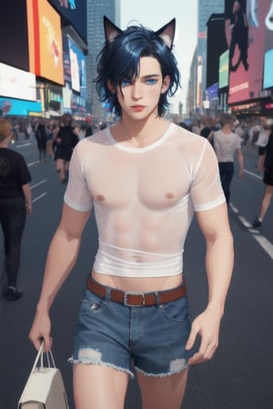 masterpiece, best quality, animal ears, blue eyes,colored sclera, black hair, cat ears, multicolored hair, freckles,1boys,  two-tone hair, blue hair, male focus, lips, short hair, black sclera, topless, gay_sex, full_body, uncensored, male_only, old style, looking at viewer, , shirt, navel, standing, white shirt, short sleeves, cowboy shot, midriff, short shorts, lips, denim, t-shirt, clothes writing, freckles,  realistic, tied shirt, street corner, daisy duke shorts, tight shirt, midnight, male prostitute, slut written on shirt, cowboy boots, dark night,  crowd, nighttime, wet_clothes, male_nipples see through shirt, time square , butt_cheeks, fly open
