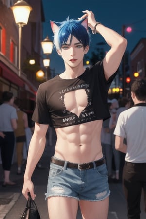 masterpiece, best quality, animal ears, blue eyes,colored sclera, black hair, cat ears, multicolored hair, freckles,1boys,  two-tone hair, blue hair, male focus, lips, short hair, black sclera, topless, gay_sex, full_body, uncensored, male_only, old style, looking at viewer, , shirt, navel, standing, white shirt, short sleeves, cowboy shot, midriff, short shorts, arms up, lips, denim, t-shirt, clothes writing, freckles,  realistic, tied shirt, street corner, leaning against lamp post,daisy duke shorts, tight shirt, midnight, male prostitute, slut written on shirt, cowboy boots, dark night, gay bar in background, crowd, nighttime, wet_clothes, male_nipples see through shirt