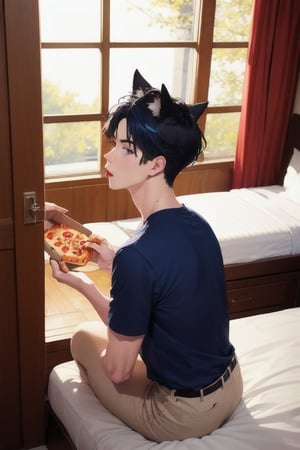 1boy and 1man,masterpiece, best quality, animal ears, blue eyes,colored sclera, black hair, cat ears, multicolored hair, freckles,1boys,  two-tone hair, blue hair, male focus, lips, short hair, black sclera, topless, gay_sex, full_body, uncensored, male_only, in hotel room,  answering door, pizza man at door,pizza box, pizzaman in background, viewed_from_behind, pizzaman in dominos uniform,eating pizza in bed, man watching boy
