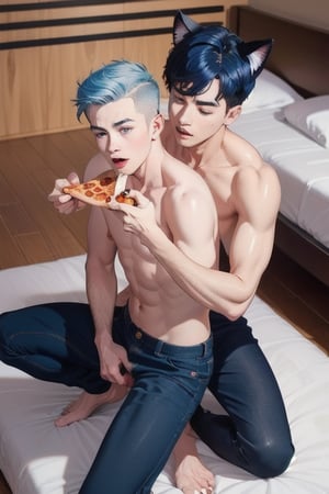 2boy ,1man,masterpiece, best quality, animal ears, blue eyes,colored sclera, black hair, cat ears, multicolored hair, freckles,1boys,  two-tone hair, blue hair, male focus, lips, short hair, black sclera, topless, gay_sex, full_body, uncensored, male_only, in hotel room,  answering door, pizza man at door,pizza box, pizzaman in background, pizzaman in dominos uniform,eating pizza in bed, man watching boy, naked , eating pizza, sex on pizza box,circumcised_penis, seductive, ready to fuck,naked photo,gangbang, (torso grab) man having sex with boy, breeding, breeding position, 1boy, 1man (top view, spread legs), anal sex cum in ass, cum inside ass, creampie, balls deep, (deep penetration:1.3), ravaged ,ass_sex 
,IncrsClownMakeupMeme