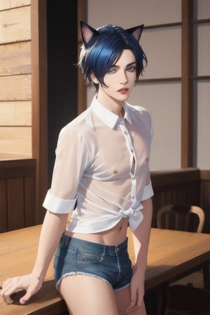 masterpiece, best quality, animal ears, blue eyes,colored sclera, black hair, cat ears, multicolored hair, freckles,1boys,  two-tone hair, blue hair, male focus, lips, short hair, black sclera, topless, gay_sex, full_body, uncensored, male_only, old style, looking at viewer, , shirt, navel, standing, white shirt, short sleeves, cowboy shot, midriff, short shorts, lips, denim, t-shirt, clothes writing, freckles,  realistic, tied shirt, daisy duke shorts, tight shirt, midnight, male prostitute, "slut" written on shirt, cowboy boots, dark night,  crowd, nighttime, wet_clothes, male_nipples see through shirt, in pub, butt_cheeks, fly down, drinking martini glass
