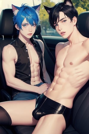 1boy and1man,masterpiece, best quality, animal ears, blue eyes,colored sclera, black hair, cat ears, multicolored hair, freckles, two-tone hair, blue hair, male focus, lips, short hair, black sclera,fishnet,thong, night_sky,  night, dark  highheels, miniskirt, tube_top, halter_top, leaning into car window, prositute, male breast, gay sex, sex in car,2boy