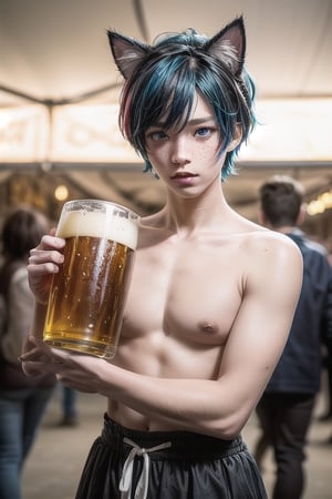 masterpiece, best quality, animal ears, blue eyes,colored sclera, black hair, cat ears, multicolored hair, freckles,1boys age 18,  two-tone hair, blue hair, male focus, lips, short hair, black sclera, gay_sex, full_body, uncensored, male_only, topless, ultra Realistic, oktoberfest ,beer tent,wearing traditional Oktoberfest dress, carrying many beer steins, armfull of large beer steins