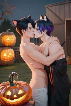 (halloween:1.3)masterpiece, best quality,3boys, animal ears, blue eyes,colored sclera, black hair, cat ears, multicolored hair, freckles, two-tone hair, blue hair, male focus, lips, short hair, black sclera, gay_sex, full_body, uncensored, male_only, jack-o-lantern, pumkin,nude,sexy, bucket of water with floating apples, costume, bobbing for apples game, sexy costume, sex with pumpkin, lewd,topless, crowd, nude, circumcised_penis, gay_sex, kissing boy