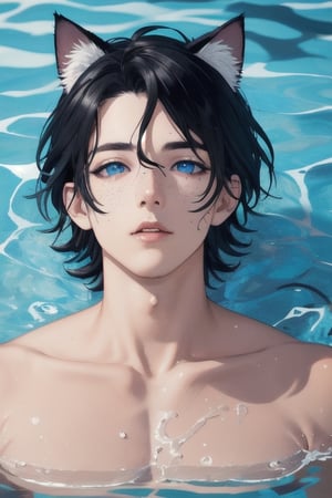 masterpiece, best quality, solo, animal ears, blue eyes,colored sclera, black hair, cat ears, multicolored hair, freckles,1boy,  two-tone hair, blue hair, male focus, lips, short hair, black sclera, topless, gay_sex, uncensored, male_only,speedo, in black water, gaint t vertex, caught in vertex drowning, vertex sucking boy down, dark stormy sky, vertex, maelstroms, only head above water, spinning water, rough water, reaching for help, panic, swimming_pool ,under water bottom of pool, face down in water, dead in water 