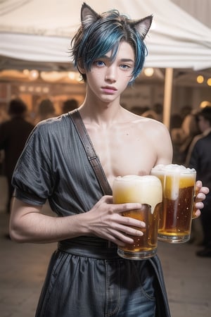 masterpiece, best quality, animal ears, blue eyes,colored sclera, black hair, cat ears, multicolored hair, freckles,1boys age 18,  two-tone hair, blue hair, male focus, lips, short hair, black sclera, gay_sex, full_body, uncensored, male_only, topless, ultra Realistic, oktoberfest ,beer tent,wearing traditional blue Oktoberfest dress, carrying many beer steins, armfull of large beer steins