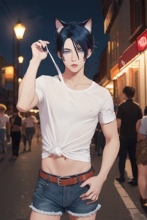 masterpiece, best quality, animal ears, blue eyes,colored sclera, black hair, cat ears, multicolored hair, freckles,1boys,  two-tone hair, blue hair, male focus, lips, short hair, black sclera, topless, gay_sex, full_body, uncensored, male_only, old style, looking at viewer, , shirt, navel, standing, white shirt, short sleeves, cowboy shot, midriff, short shorts, arms up, lips, denim, t-shirt, clothes writing, freckles,  realistic, tied shirt, street corner, leaning against lamp post,daisy duke shorts, tight shirt, midnight, male prostitute, slut written on shirt, cowboy boots, dark night, gay bar in background, crowd, nighttime