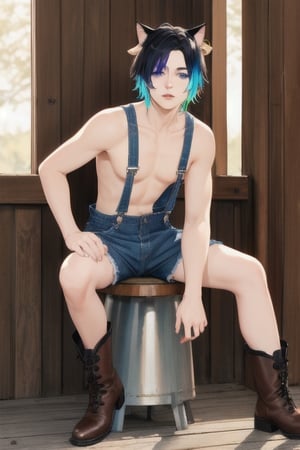 masterpiece, best quality, animal ears, blue eyes,colored sclera, black hair, cat ears, multicolored hair, freckles,1boy,  two-tone hair, blue hair, male focus, lips, short hair, black sclera, wearing overalls shorts, topless, cowboy boots,in barn, sitting_down on stool, cow, cow in stall, milking_machine, milking cow , hand on (cow utters), 