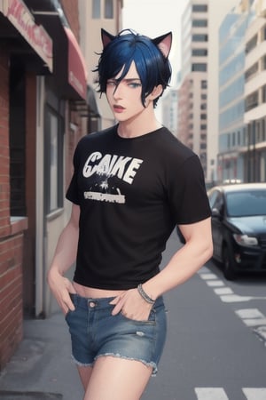 masterpiece, best quality, animal ears, blue eyes,colored sclera, black hair, cat ears, multicolored hair, freckles,1boys,  two-tone hair, blue hair, male focus, lips, short hair, black sclera, topless, gay_sex, full_body, uncensored, male_only, old style, looking at viewer, , shirt, navel, standing, white shirt, short sleeves, cowboy shot, midriff, short shorts, lips, denim, t-shirt, clothes writing, freckles,  realistic, tied shirt, street corner, daisy duke shorts, tight shirt, midnight, male prostitute, slut written on shirt, cowboy boots, dark night,  crowd, nighttime, wet_clothes, male_nipples see through shirt,in strip club, butt_cheeks, fly down, 
