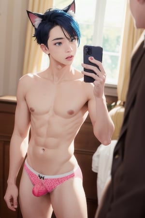 ((masterpiece)), best quality, animal ears, blue eyes,colored sclera, black hair, cat ears, multicolored hair, freckles,1boys,  two-tone hair, blue hair, male focus, lips, short hair, black sclera, topless, gay_sex, full_body, uncensored, male_only, cute twink boy standing in the oval office wearing pink panties, boy with small dick in the panties, small penis bulge, feminine body, feminine boy, submissive, taking selfie, body with small dick,  boy with wide hips, big ass, perfection model, perfect body, perfect cock, complex_background, detailed face, detailed hands,High detailed, realhands, kissing,holding_cellphone,nude,  (many onlookers), (white house), (oval office), biden, usa flags