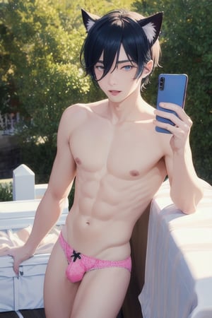 ((masterpiece)), best quality, animal ears, blue eyes,colored sclera, black hair, cat ears, multicolored hair, freckles,1boys,  two-tone hair, blue hair, male focus, lips, short hair, black sclera, topless, gay_sex, full_body, uncensored, male_only, cute twink boy standing in the cemetery wearing pink panties, boy with small dick in the panties, small penis bulge, feminine body, feminine boy, submissive, taking selfie, body with small dick,  boy with wide hips, big ass, perfection model, perfect body, perfect cock, complex_background, detailed face, detailed hands,High detailed, realhands, kissing,holding_cellphone,nude,  (many onlookers), casket, open casket, dead body ind casket ,flowers, ghost_girl