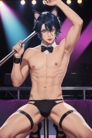 masterpiece, best quality, solo, animal ears, blue eyes,colored sclera, black hair, cat ears, multicolored hair, freckles,1boy,  two-tone hair, blue hair, male focus, lips, short hair, black sclera, topless, gay_sex, full_body, uncensored, male_only, disco, dark night club, on stage, crowd of old men, money on stage, bowtie, heels, strip_pole, toples, nipple pasty, garter_strap, tan skin, tan lines, speedo, butt_cheeks, male focus, tan body, detached_cuffs, white cuffs, cover them up slut (meme)