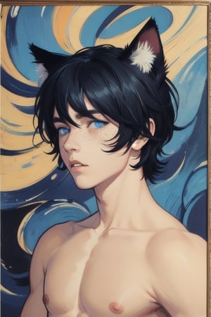 masterpiece,  solo, animal ears, blue eyes,colored sclera, black hair, cat ears, multicolored hair, freckles,2boy,  two-tone hair, blue hair, male focus, lips, short hair, black sclera, topless, gay_sex, full_body, uncensored, male_only, Oil Painting, painting in gold frame, nude,(in van gogh painting style),  Post-Impressionism, bold colors and expressive,textured brushwork,expressive lines,wavey directions, penis