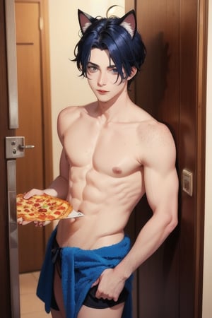 masterpiece, best quality, animal ears, blue eyes,colored sclera, black hair, cat ears, multicolored hair, freckles,1boys,  two-tone hair, blue hair, male focus, lips, short hair, black sclera, topless, gay_sex, full_body, uncensored, male_only, in hotel room, wearing towel,towel around waiste, answering door, pizza man at door,pizza box