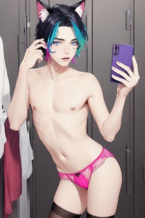 ((masterpiece)), best quality, animal ears, blue eyes,colored sclera, black hair, cat ears, multicolored hair, freckles,1boys,  two-tone hair, blue hair, male focus, lips, short hair, black sclera, topless, gay_sex, full_body, uncensored, male_only, cute twink boy standing in the locker room pink panties and stockings, boy with small dick in the panties, small penis bulge, feminine body, feminine boy, submissive, taking selfie, body with small dick,  boy with wide hips, big ass, perfection model, perfect body, perfect cock, complex_background, detailed face, detailed hands,High detailed, realhands, 