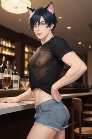 masterpiece, best quality, animal ears, blue eyes,colored sclera, black hair, cat ears, multicolored hair, freckles,1boys,  two-tone hair, blue hair, male focus, lips, short hair, black sclera, topless, gay_sex, full_body, uncensored, male_only, old style, looking at viewer, , shirt, navel, standing, white shirt, short sleeves, cowboy shot, midriff, short shorts, lips, denim, t-shirt, clothes writing, freckles,  realistic, tied shirt, daisy duke shorts, tight shirt, midnight, male prostitute, "slut" written on shirt, cowboy boots, dark night,  crowd, nighttime, wet_clothes, male_nipples see through shirt, in pub, butt_cheeks, fly down, drinking martini glass
