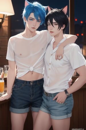 masterpiece, best quality, animal ears, blue eyes,colored sclera, black hair, cat ears, multicolored hair, freckles,1boys,  two-tone hair, blue hair, male focus, lips, short hair, black sclera, topless, gay_sex, full_body, uncensored, male_only, old style, looking at viewer, , shirt, navel, standing, white shirt, short sleeves, cowboy shot, midriff, short shorts, lips, denim, t-shirt, clothes writing, freckles,  realistic, tied shirt, daisy duke shorts, tight shirt, midnight, male prostitute, "slut" written on shirt, cowboy boots, dark night,  crowd, nighttime, wet_clothes, male_nipples see through shirt, in pub, butt_cheeks, fly down, drinking martini glass,  grobing ass
