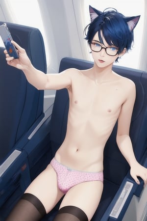 ((masterpiece)), best quality, animal ears, blue eyes,colored sclera, black hair, cat ears, multicolored hair, freckles,1boys,  two-tone hair, blue hair, male focus, lips, short hair, black sclera, topless, gay_sex, full_body, uncensored, male_only, cute twink boy standing in the airplane wearing pink panties and stockings, boy with small dick in the panties, small penis bulge, feminine body, feminine boy, submissive, taking selfie, body with small dick,  boy with wide hips, big ass, perfection model, perfect body, perfect cock, complex_background, detailed face, detailed hands,High detailed, realhands, glasses, sitting in airplan seat