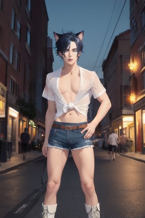 masterpiece, best quality, animal ears, blue eyes,colored sclera, black hair, cat ears, multicolored hair, freckles,1boys,  two-tone hair, blue hair, male focus, lips, short hair, black sclera, topless, gay_sex, full_body, uncensored, male_only, old style, looking at viewer, , shirt, navel, standing, white shirt, short sleeves, cowboy shot, midriff, short shorts, lips, denim, t-shirt, clothes writing, freckles,  realistic, tied shirt, street corner, daisy duke shorts, tight shirt, midnight, male prostitute, slut written on shirt, cowboy boots, dark night,  crowd, nighttime, wet_clothes, male_nipples see through shirt, bar , butt_cheeks, fly down, 
