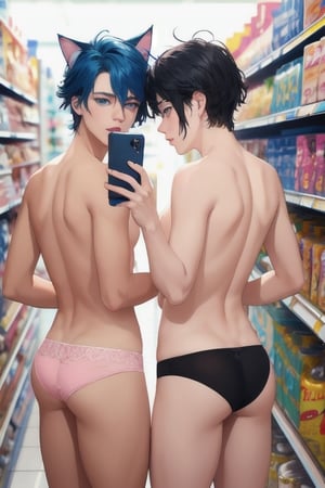 ((masterpiece)), best quality, animal ears, blue eyes,colored sclera, black hair, cat ears, multicolored hair, freckles,1boys,  two-tone hair, blue hair, male focus, lips, short hair, black sclera, topless, gay_sex, full_body, uncensored, male_only, cute twink boy standing in the walmart shopping aisle wearing pink panties and stockings, boy with small dick in the panties, small penis bulge, feminine body, feminine boy, submissive, taking selfie, body with small dick,  boy with wide hips, big ass, perfection model, perfect body, perfect cock, complex_background, detailed face, detailed hands,High detailed, viewed_from_behind, butt_cheeks