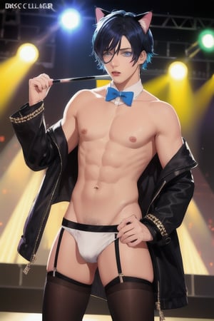 masterpiece, best quality, solo, animal ears, blue eyes,colored sclera, black hair, cat ears, multicolored hair, freckles,1boy,  two-tone hair, blue hair, male focus, lips, short hair, black sclera, topless, gay_sex, full_body, uncensored, male_only, disco, dark night club, on stage, crowd of old men, money on stage, bowtie, heels, strip_pole, toples, nipple pasty, garter_strap, tan skin, tan lines, speedo, butt_cheeks, male focus, tan body, detached_cuffs, white cuffs, cover them up slut (meme)