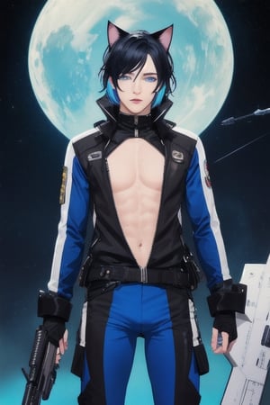 masterpiece, best quality, solo, animal ears, blue eyes,colored sclera, black hair, cat ears, multicolored hair, freckles,1boy,  two-tone hair, blue hair, male focus, lips, short hair, black sclera, full_body, uncensored, male_only,homoerotic,  science fiction, scenery,cowboy short, holding weapon, blue bodysuit, spaceship background