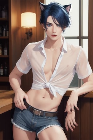 masterpiece, best quality, animal ears, blue eyes,colored sclera, black hair, cat ears, multicolored hair, freckles,1boys,  two-tone hair, blue hair, male focus, lips, short hair, black sclera, topless, gay_sex, full_body, uncensored, male_only, old style, looking at viewer, , shirt, navel, standing, white shirt, short sleeves, cowboy shot, midriff, short shorts, lips, denim, t-shirt, clothes writing, freckles,  realistic, tied shirt, daisy duke shorts, tight shirt, midnight, male prostitute, "slut" written on shirt, cowboy boots, dark night,  crowd, nighttime, wet_clothes, male_nipples see through shirt, in pub, butt_cheeks, fly down, drinking martini glass,  grobing ass,kissing
