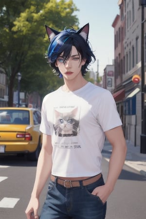 masterpiece, best quality, animal ears, blue eyes,colored sclera, black hair, cat ears, multicolored hair, freckles,1boys,  two-tone hair, blue hair, male focus, lips, short hair, black sclera, topless, gay_sex, full_body, uncensored, male_only, old style, looking at viewer, , shirt, navel, standing, white shirt, short sleeves, cowboy shot, midriff, short shorts, arms up, lips, denim, t-shirt, clothes writing, freckles, jeans, realistic, tied shirt, street corner, leaning against lamp post,daisy duke shorts, tight shirt, midnight, male prostitute, slut written on shirt