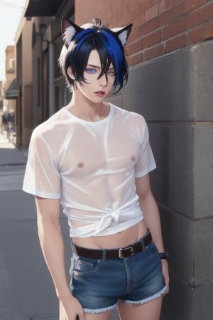 masterpiece, best quality, animal ears, blue eyes,colored sclera, black hair, cat ears, multicolored hair, freckles,1boys,  two-tone hair, blue hair, male focus, lips, short hair, black sclera, topless, gay_sex, full_body, uncensored, male_only, old style, looking at viewer, , shirt, navel, standing, white shirt, short sleeves, cowboy shot, midriff, short shorts, lips, denim, t-shirt, clothes writing, freckles,  realistic, tied shirt, street corner, daisy duke shorts, tight shirt, midnight, male prostitute, slut written on shirt, cowboy boots, dark night,  crowd, nighttime, wet_clothes, male_nipples see through shirt, passed out in alley 