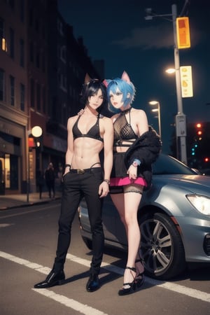 1boy and1man,masterpiece, best quality, animal ears, blue eyes,colored sclera, black hair, cat ears, multicolored hair, freckles, two-tone hair, blue hair, male focus, lips, short hair, black sclera,fishnet,thong, night_sky,  night, dark ,on street corner, street light, highheels, miniskirt, tube_top, halter_top