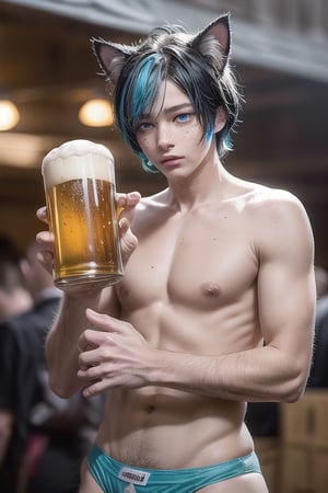 masterpiece, best quality, animal ears, blue eyes,colored sclera, black hair, cat ears, multicolored hair, freckles,1boys age 18,  two-tone hair, blue hair, male focus, lips, short hair, black sclera, gay_sex, full_body, uncensored, male_only, topless, ultra Realistic, oktoberfest ,beer tent,carrying many beer steins, armfull of large beer steins, wear sky blue and white checker panties 
