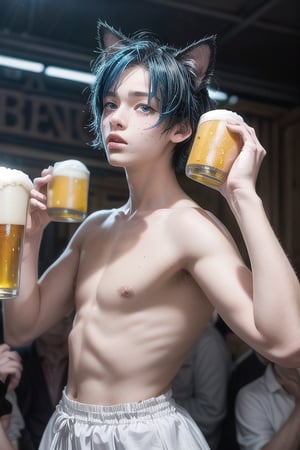 masterpiece, best quality, animal ears, blue eyes,colored sclera, black hair, cat ears, multicolored hair, freckles,1boys age 18,  two-tone hair, blue hair, male focus, lips, short hair, black sclera, gay_sex, full_body, uncensored, male_only, topless, ultra Realistic, oktoberfest ,beer tent,wearing traditional dirndl dress, carrying many beer steins, armfull of beer steins