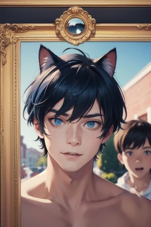 masterpiece, animal ears, blue eyes,colored sclera, black hair, cat ears, multicolored hair, freckles,2boy,  two-tone hair, blue hair, male focus, lips, short hair, black sclera, topless, gay_sex, full_body, uncensored, male_only, Oil Painting, painting in gold frame, nude,'Impasto Painting', painting of male, circumcised_penis,in bouguereau style, (looking to the camera with surprised face expression:2) 2 boys holing each ohter