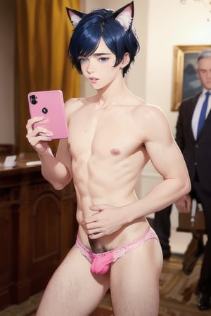 ((masterpiece)), best quality, animal ears, blue eyes,colored sclera, black hair, cat ears, multicolored hair, freckles,1boys,  two-tone hair, blue hair, male focus, lips, short hair, black sclera, topless, gay_sex, full_body, uncensored, male_only, cute twink boy standing in the oval office wearing pink panties, boy with small dick in the panties, small penis bulge, feminine body, feminine boy, submissive, taking selfie, body with small dick,  boy with wide hips, big ass, perfection model, perfect body, perfect cock, complex_background, detailed face, detailed hands,High detailed, realhands, kissing,holding_cellphone,nude,  (many onlookers), (white house), (oval office), biden, usa flags
